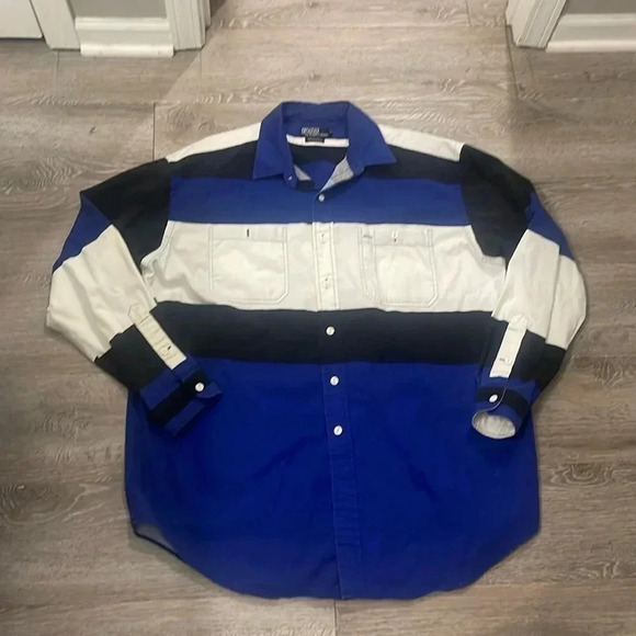 Vintage Polo Ralph Lauren Stripe workshirt long sleeve button up XL blue & black - Picture 1 of 6
